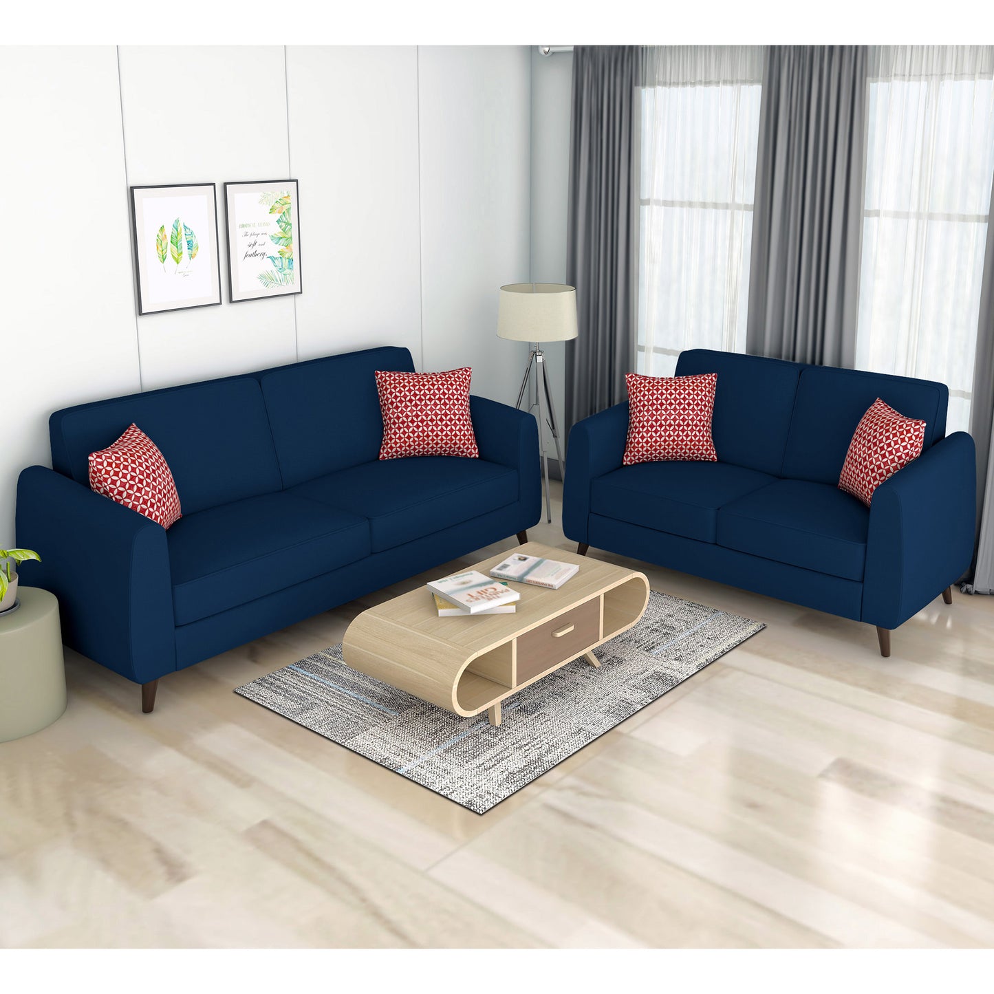 Adorn India Harlem 5 Seater 3+2 Fabric Sofa Set (Blue)