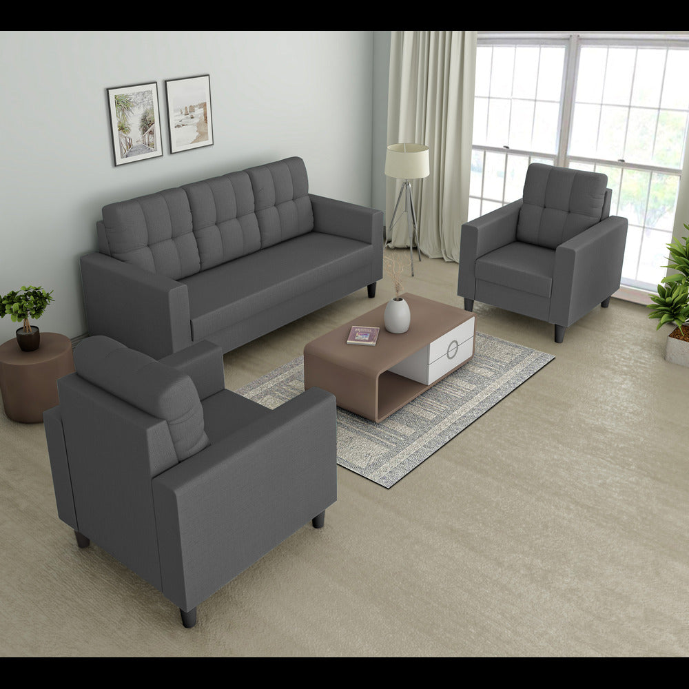 Adorn India Darcy 3+1+1 5 Seater Sofa Set (Grey) (3 Year Warranty)