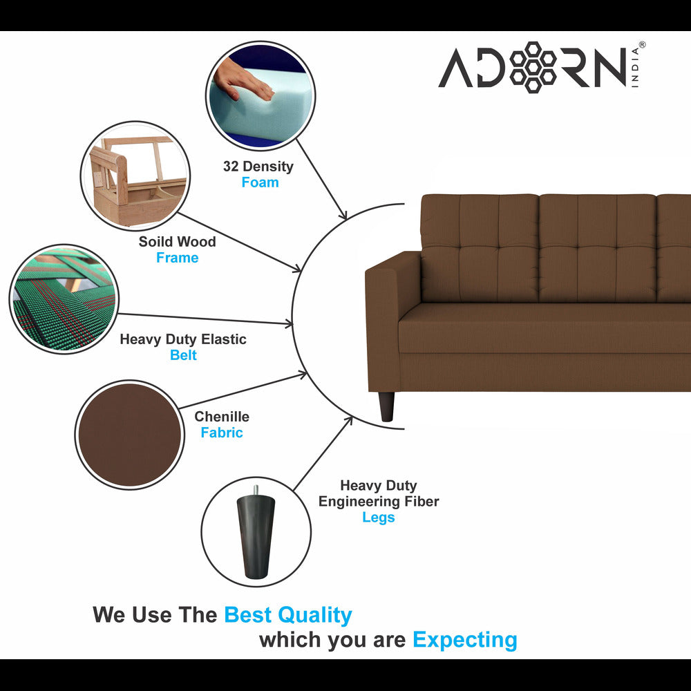 Adorn India Darcy 3 Seater Sofa (Brown) (3 Year Warranty)