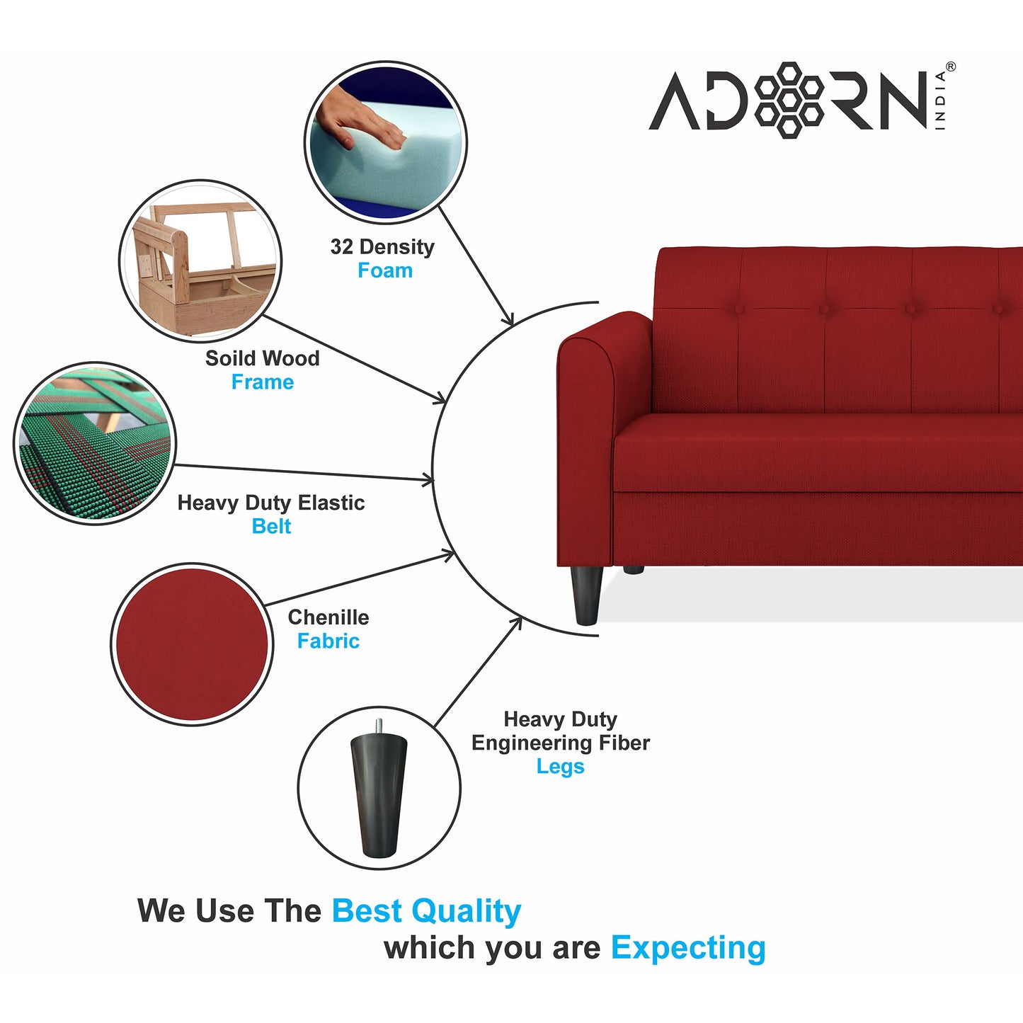 Adorn India Rio Elegant 3 Seater Sofa (Red) (3 Year Warranty)