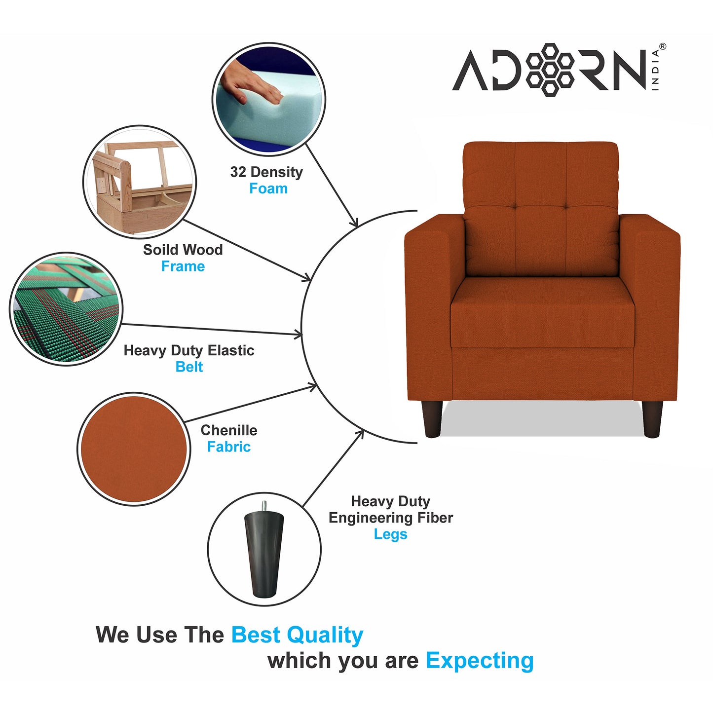 Adorn India Darcy 1 Seater Sofa (Beige) (3 Year Warranty)