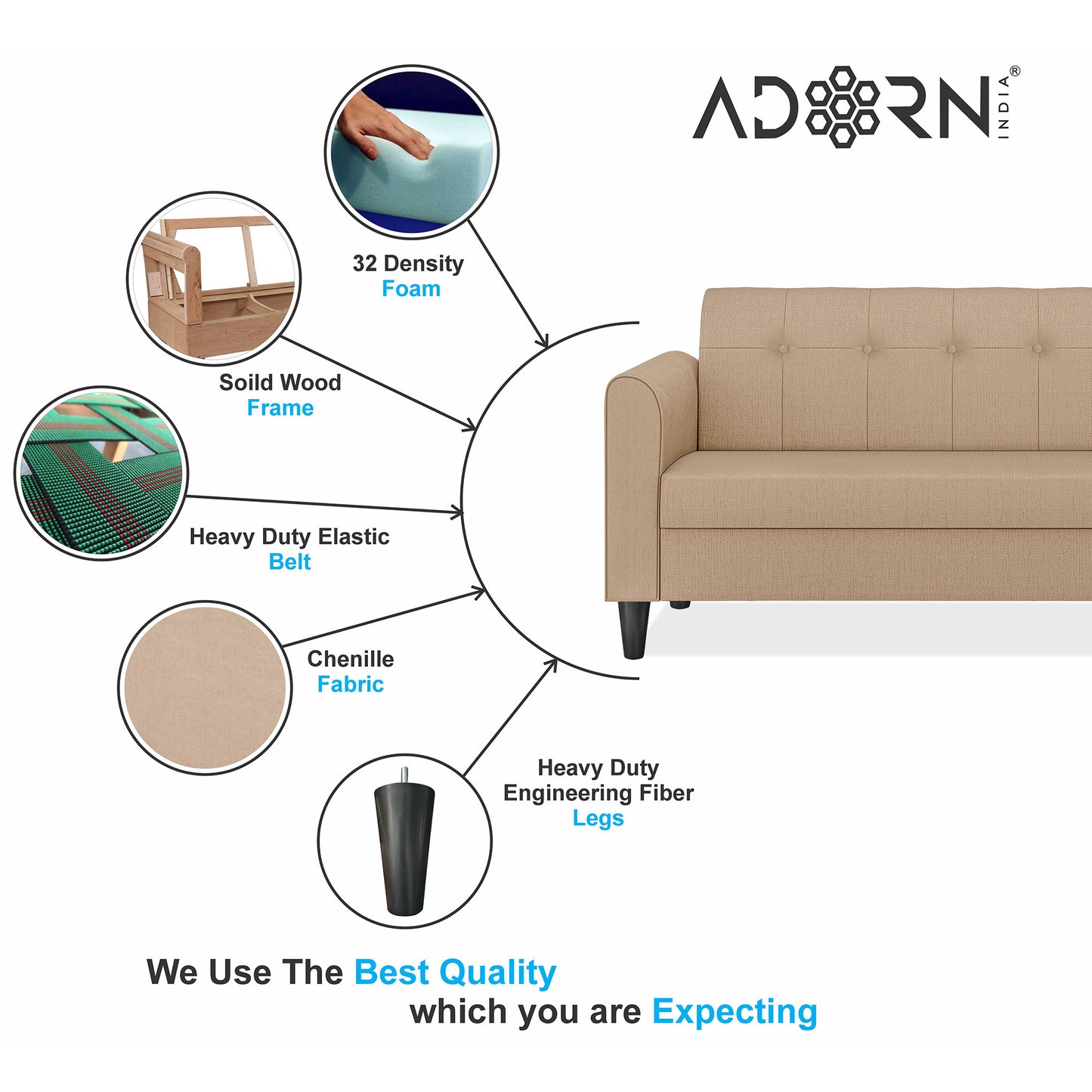 Adorn India Rio Elegant 3 Seater Sofa (Beige) (3 Year Warranty)