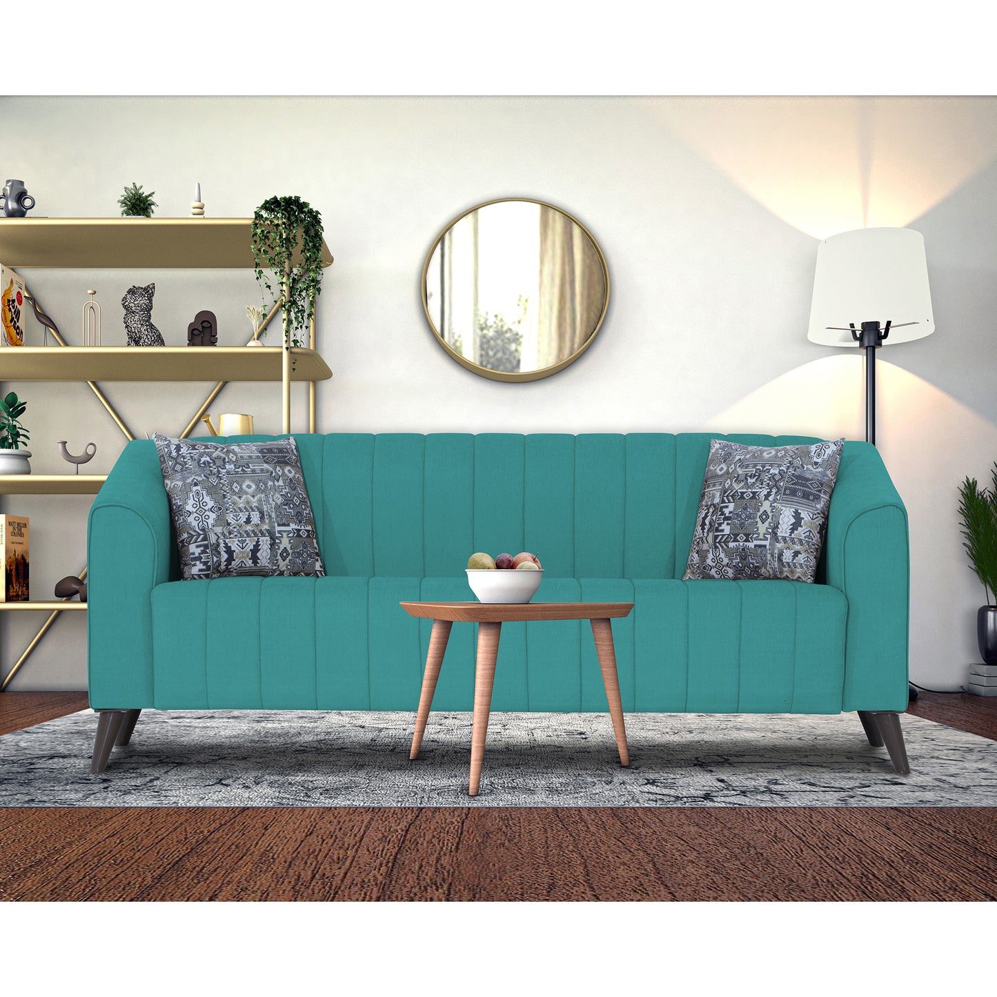 Adorn India Premium Laurel 3 Seater Sofa (Aqua Blue)