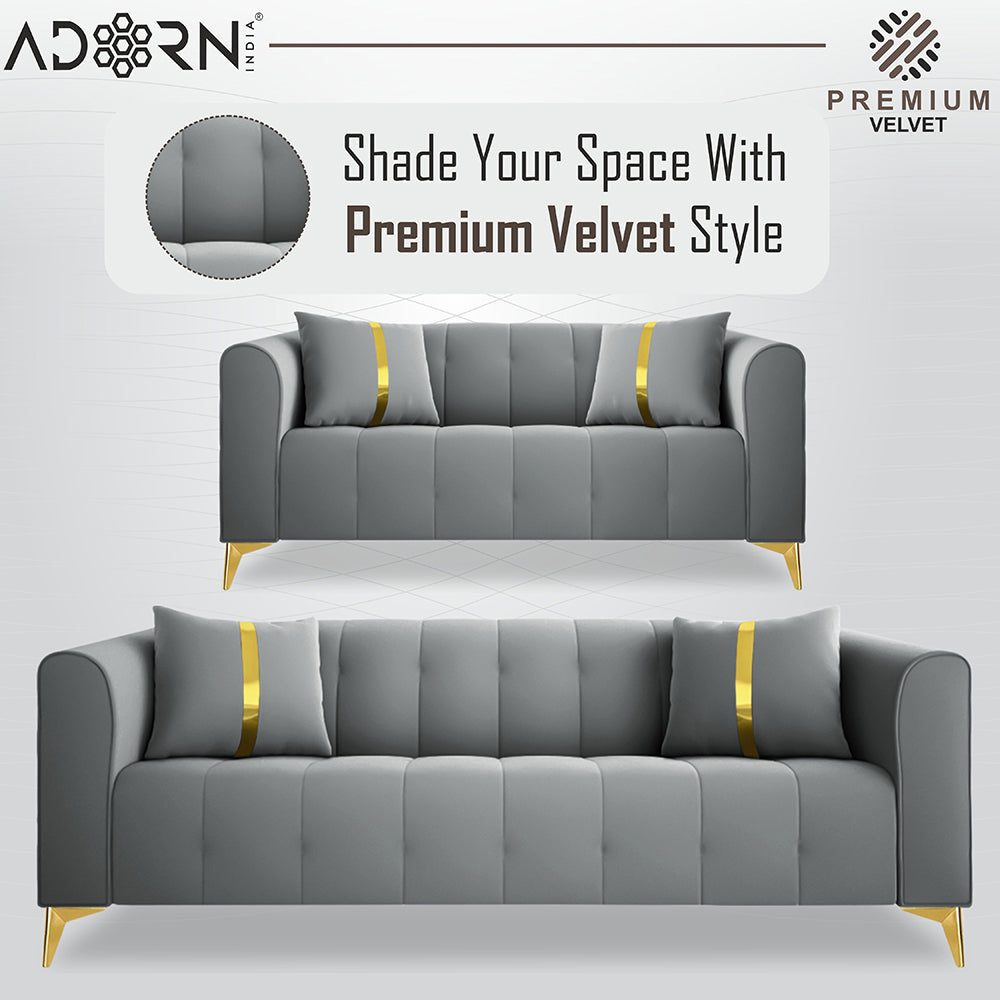 Adorn India Premium Mystic Years Warranty 3+2 Sofa Set Velvet Suede Fabric Grey