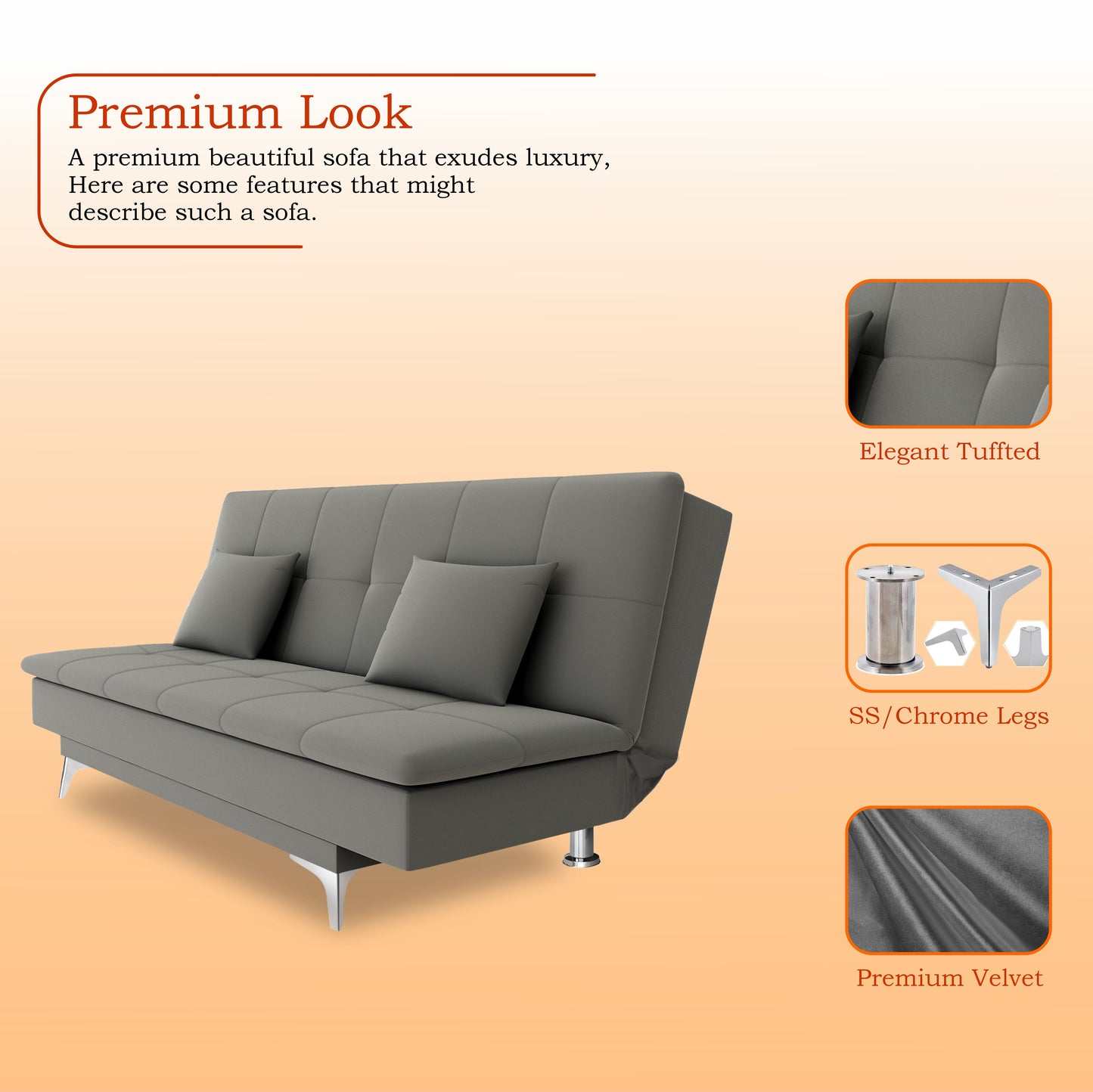 Adorn India Premium New Aspen 3 Seater Sofa Cum Bed 4X6 Velvet Suede with 2 Cushions (Color Grey) and Suitable for All Indoor, with 3 Years Warranty