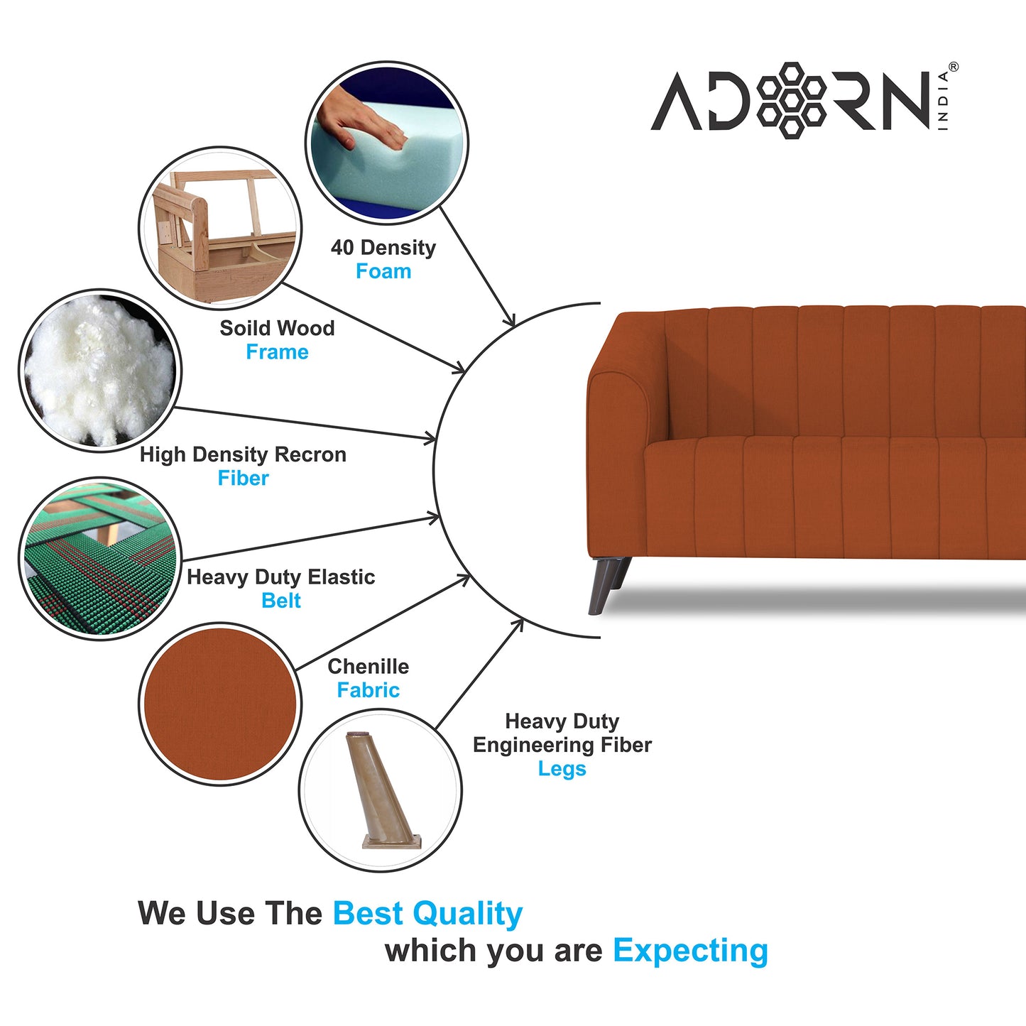 Adorn India Premium Laurel 3 Seater Sofa (Rust)(3 Year Warranty)