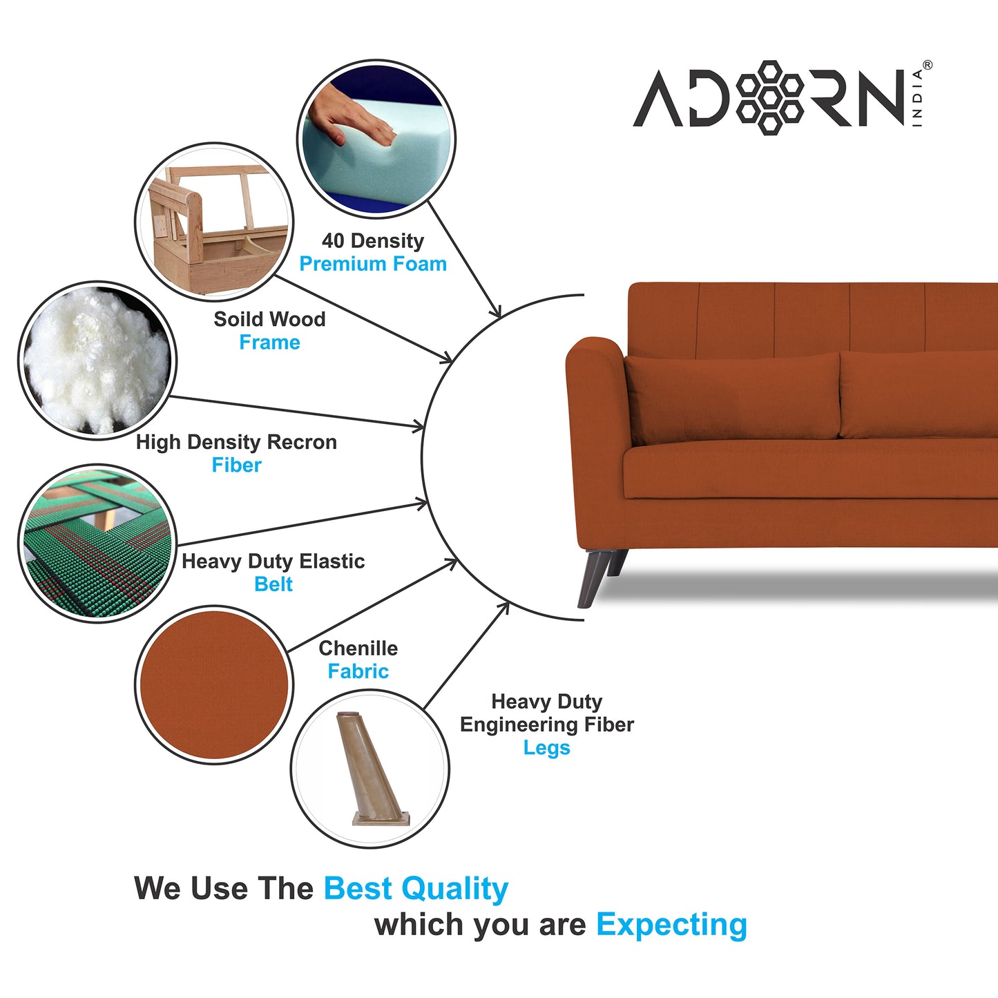 Adorn India Daniel 3 Seater Sofa (Rust) (3 Year Warranty)