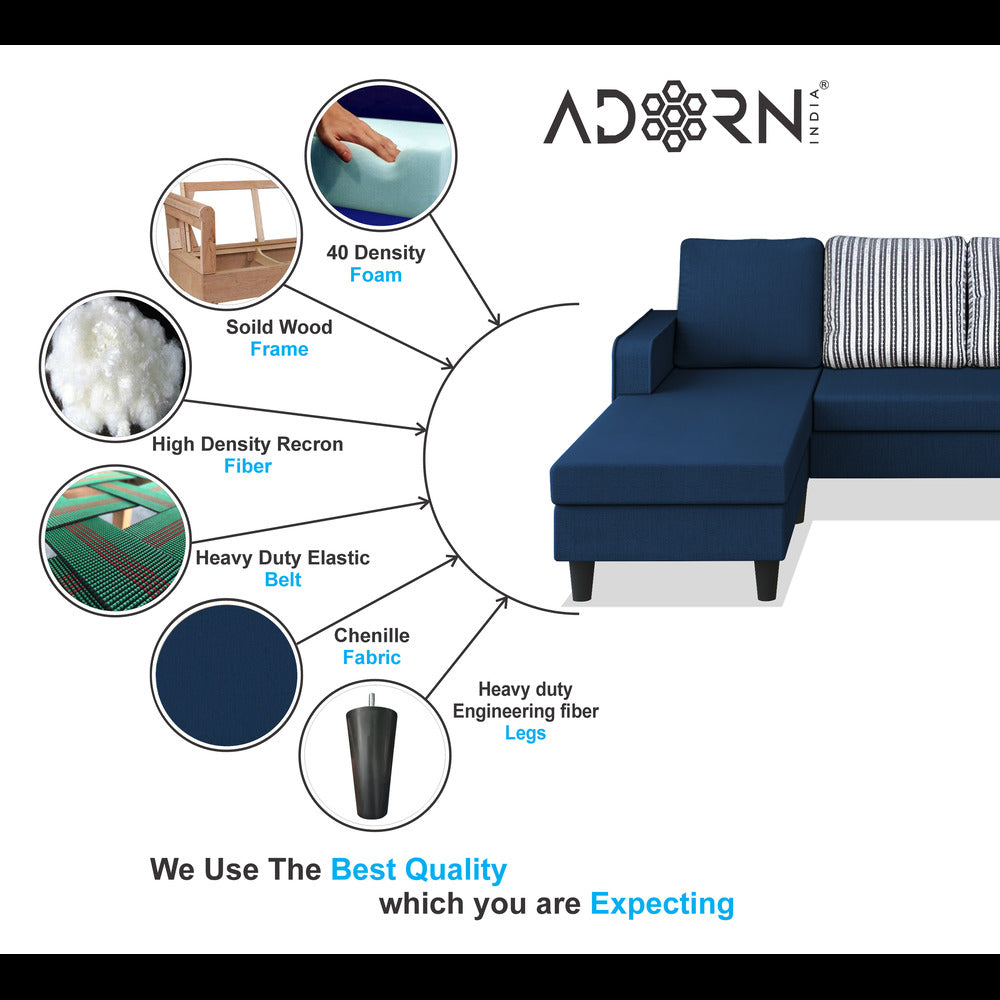 Adorn India Maddox Stripes L Shape 5 Seater Sofa Set LHS (Blue) (3 Year Warranty)