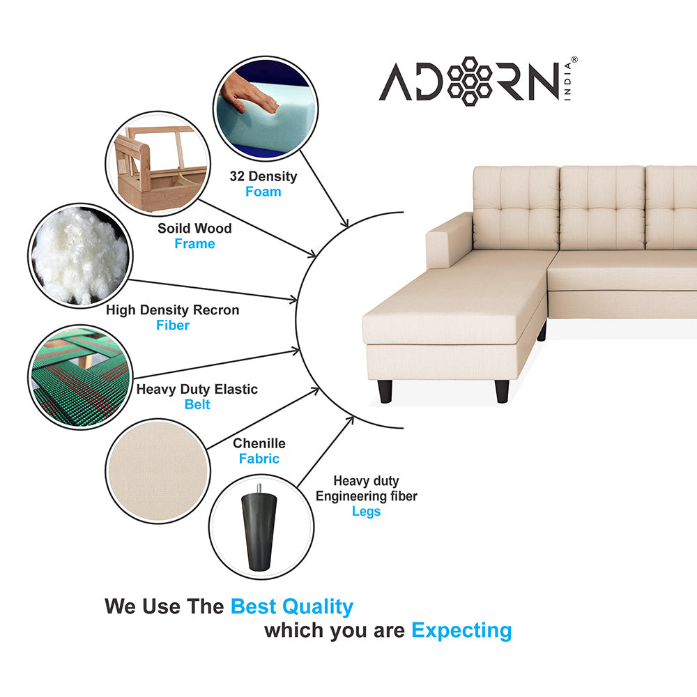 Adorn India Darcy L Shape 8 Seater Sofa Set with Center Table and 2 Ottoman Puffy (LHS) (Beige) (3 Year Warranty)
