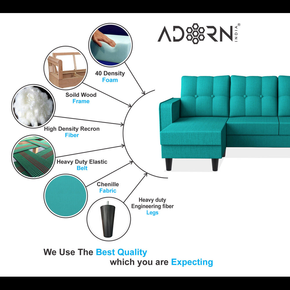 Adorn India Maddox Tufted L Shape 4 Seater Sofa Set (Aqua Blue) (3 Year Warranty)