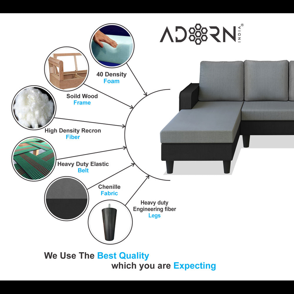 Adorn India Maddox Plain Two Tone L Shape 6 Seater Sofa Set LHS (Grey & Black) (3 Year Warranty)
