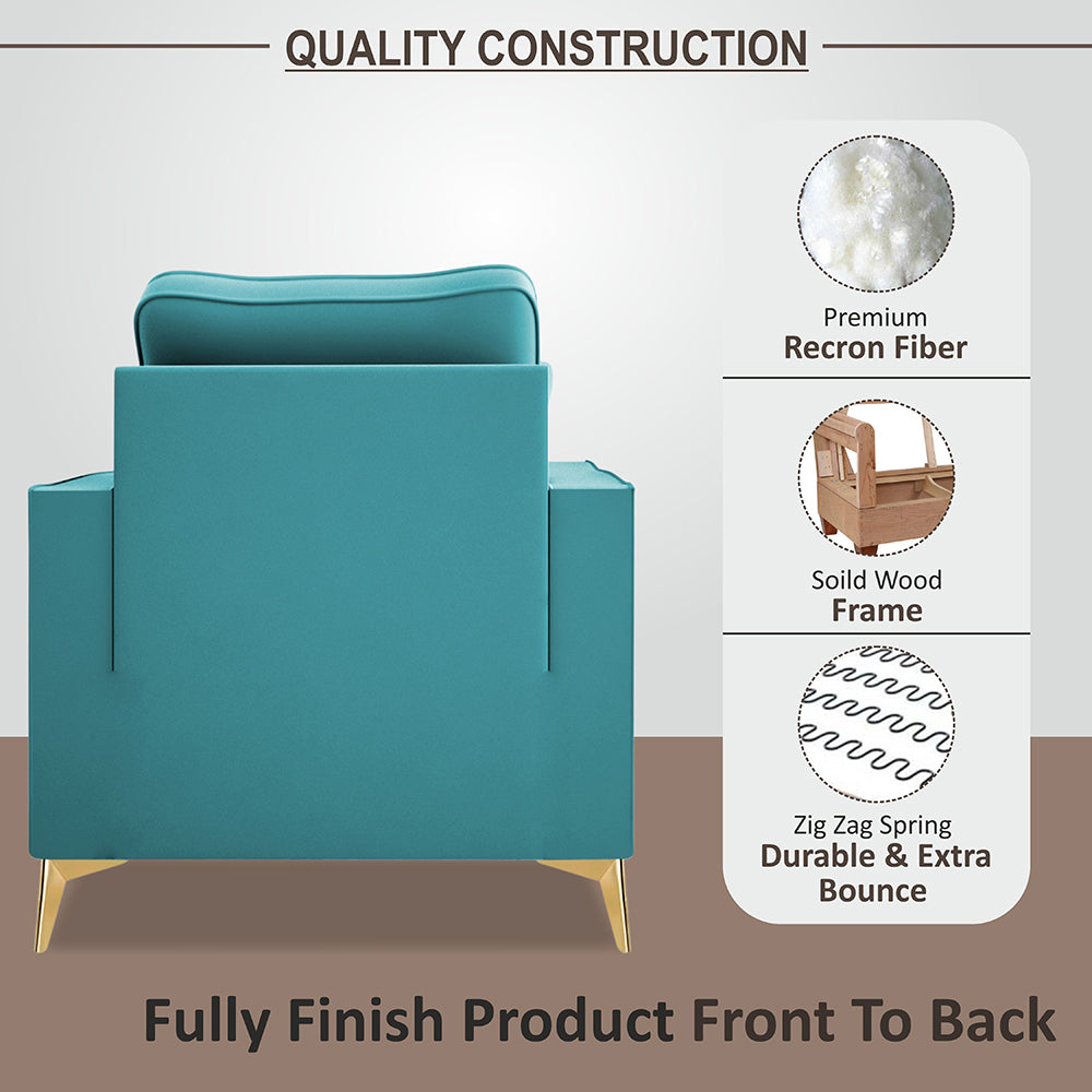 Adorn India Premium Chandler - 3 Years Warranty - 1 Seater Sofa Velvet Suede Fabric - Aqua Blue