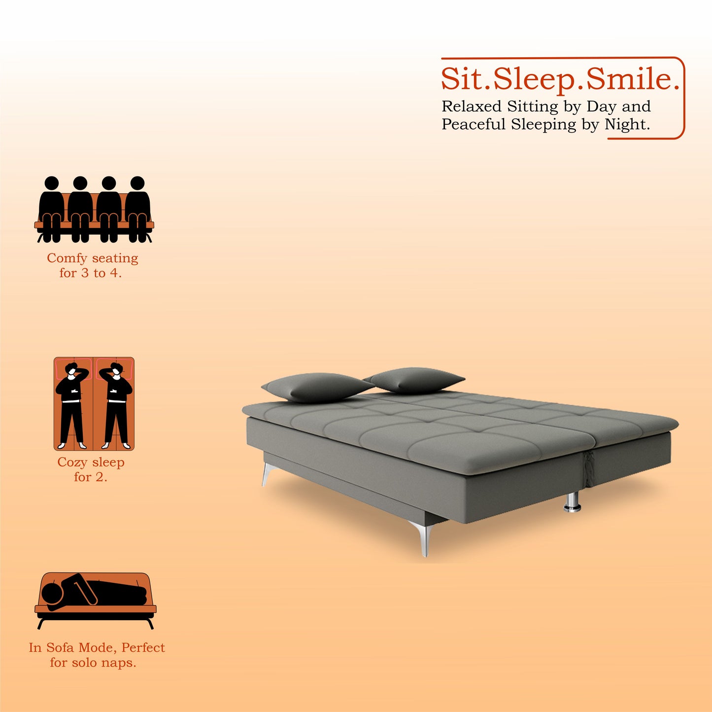 Adorn India Premium New Aspen 3 Seater Sofa Cum Bed 4X6 Velvet Suede with 2 Cushions (Color Grey) and Suitable for All Indoor, with 3 Years Warranty