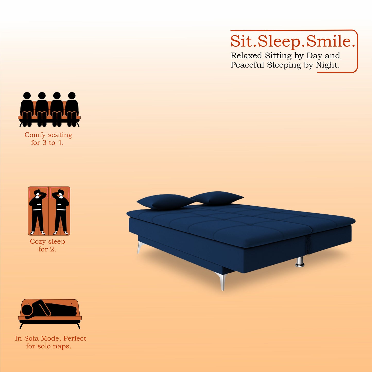 Adorn India Premium New Aspen 3 Seater Sofa Cum Bed 4X6 Velvet Suede with 2 Cushions (Color Blue) and Suitable for All Indoor, with 3 Years Warranty