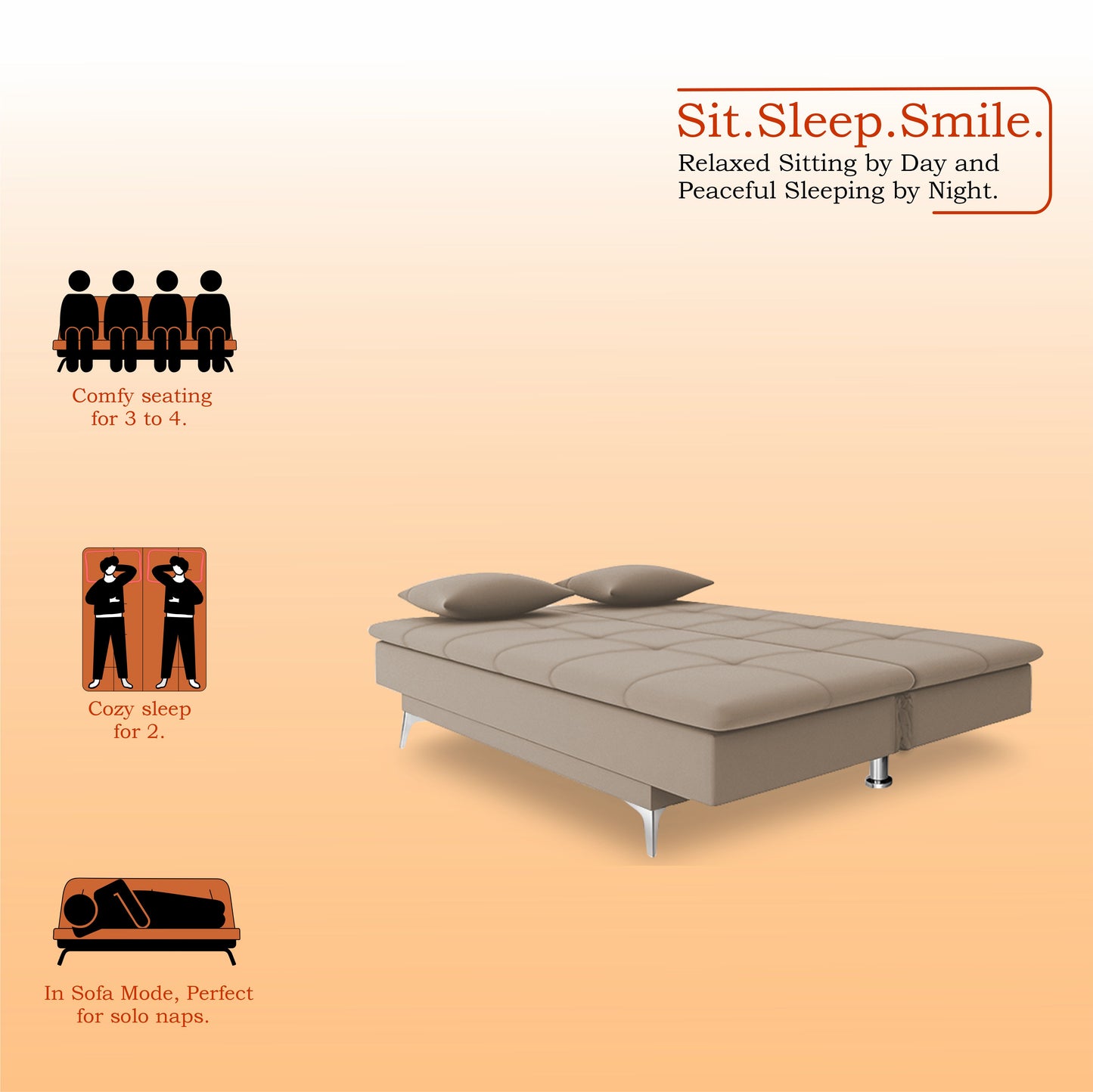 Adorn India Premium New Aspen 3 Seater Sofa Cum Bed 4X6 Velvet Suede with 2 Cushions (Color Light Beige) and Suitable for All Indoor, with 3 Years Warranty