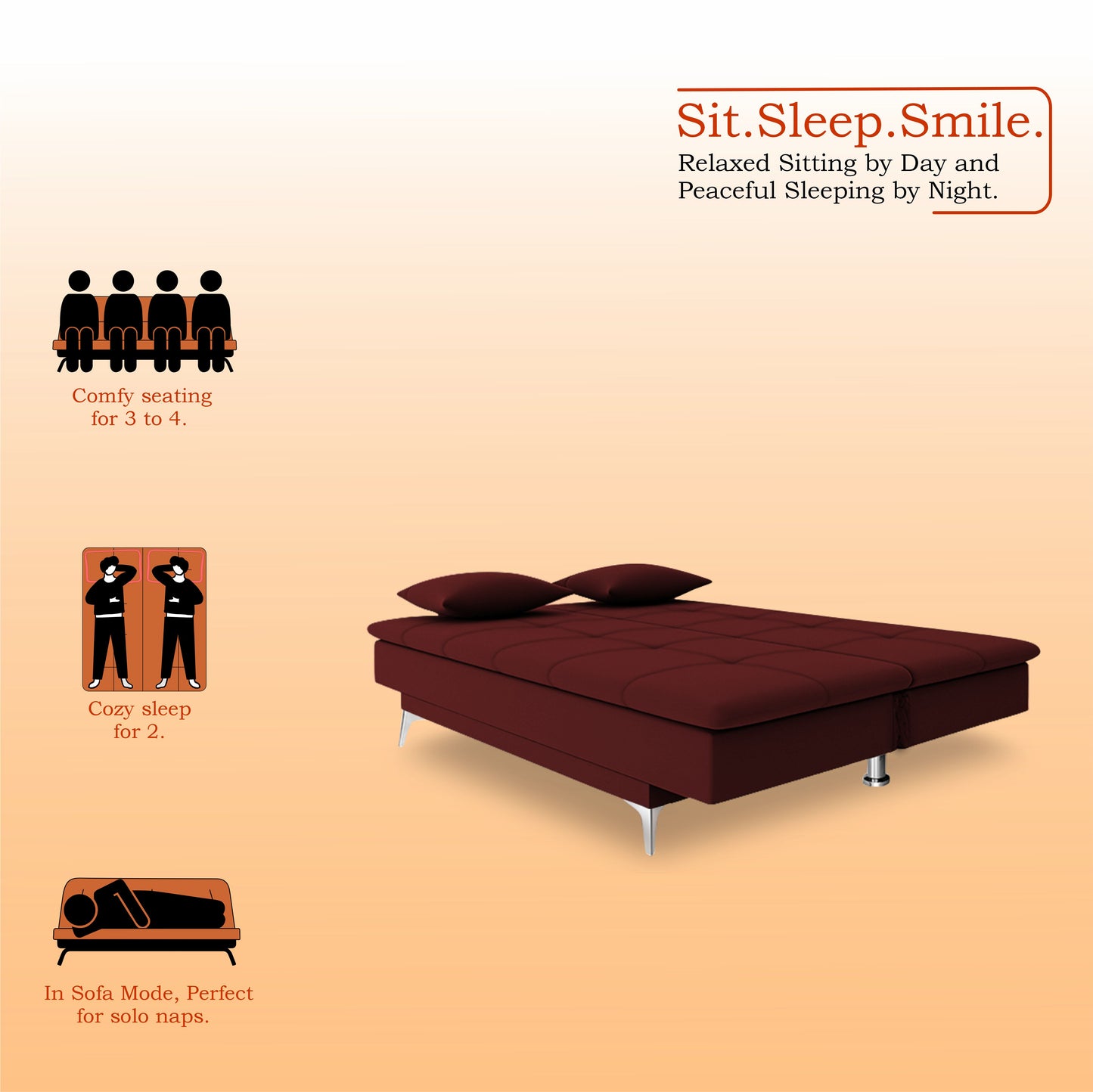 Adorn India Premium New Aspen 3 Seater Sofa Cum Bed 4X6 Velvet Suede with 2 Cushions (Color Maroon) and Suitable for All Indoor, with 3 Years Warranty