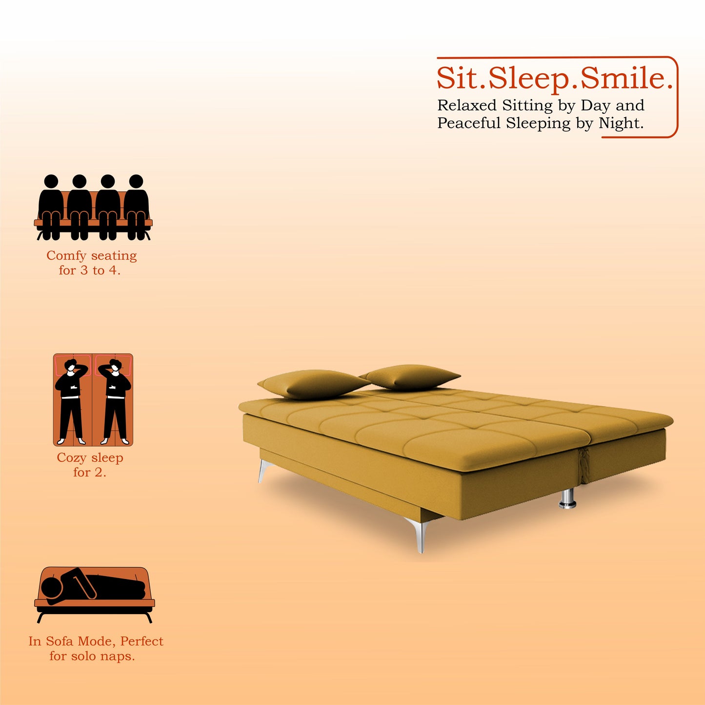 Adorn India Premium New Aspen 3 Seater Sofa Cum Bed 4X6 Velvet Suede with 2 Cushions (Color Yellow) and Suitable for All Indoor, with 3 Years Warranty