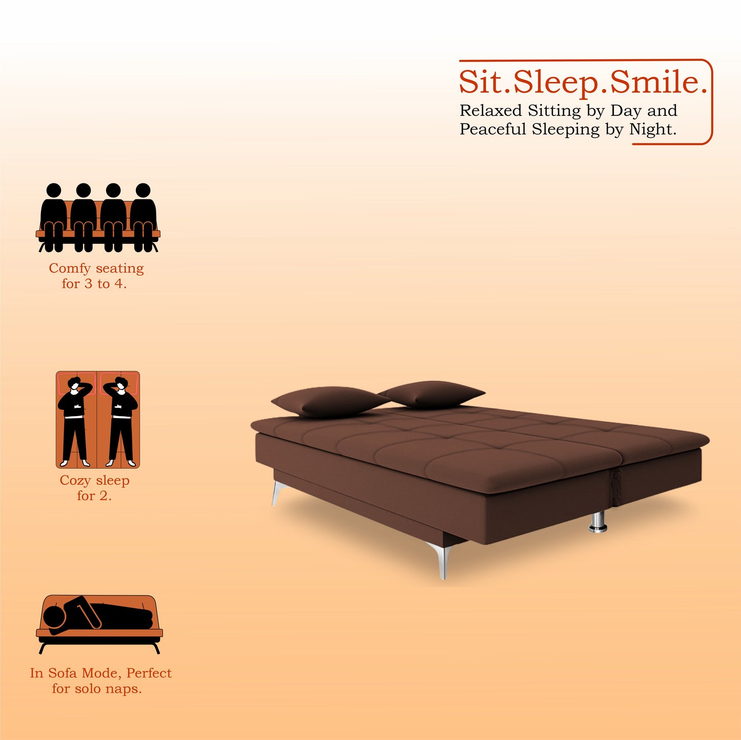 Adorn India Premium New Aspen 3 Seater Sofa Cum Bed 4X6 Velvet Suede with 2 Cushions (Color Brown) and Suitable for All Indoor, with 3 Years Warranty