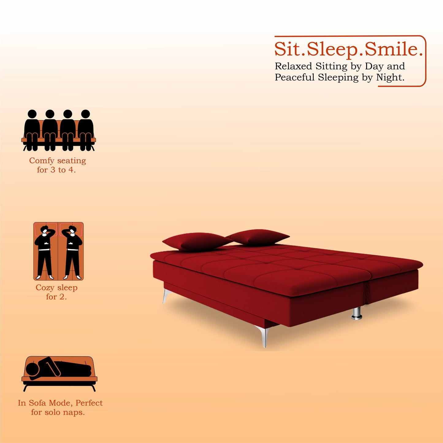 Adorn India Premium New Aspen 3 Seater Sofa Cum Bed 4X6 Velvet Suede with 2 Cushions (Color Red) and Suitable for All Indoor, with 3 Years Warranty