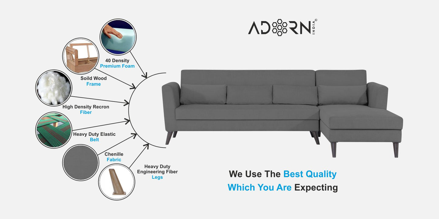 Adorn India Daniel L Shape 6 Seater Sofa Set RHS (Grey) (3 Year Warranty)