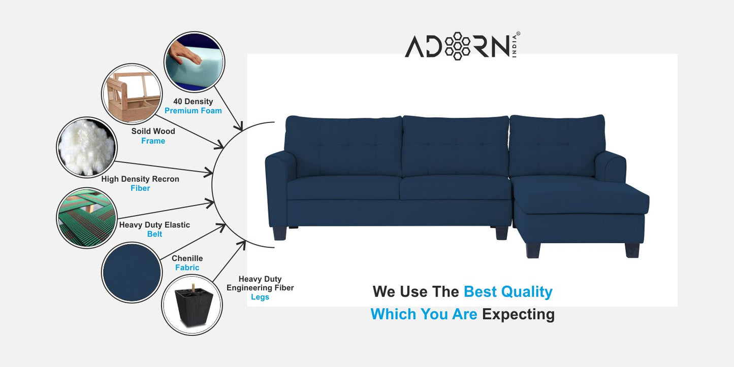 Adorn India Moris L Shape 6 Seater Sofa Set RHS (Blue) (3 Year Warranty)