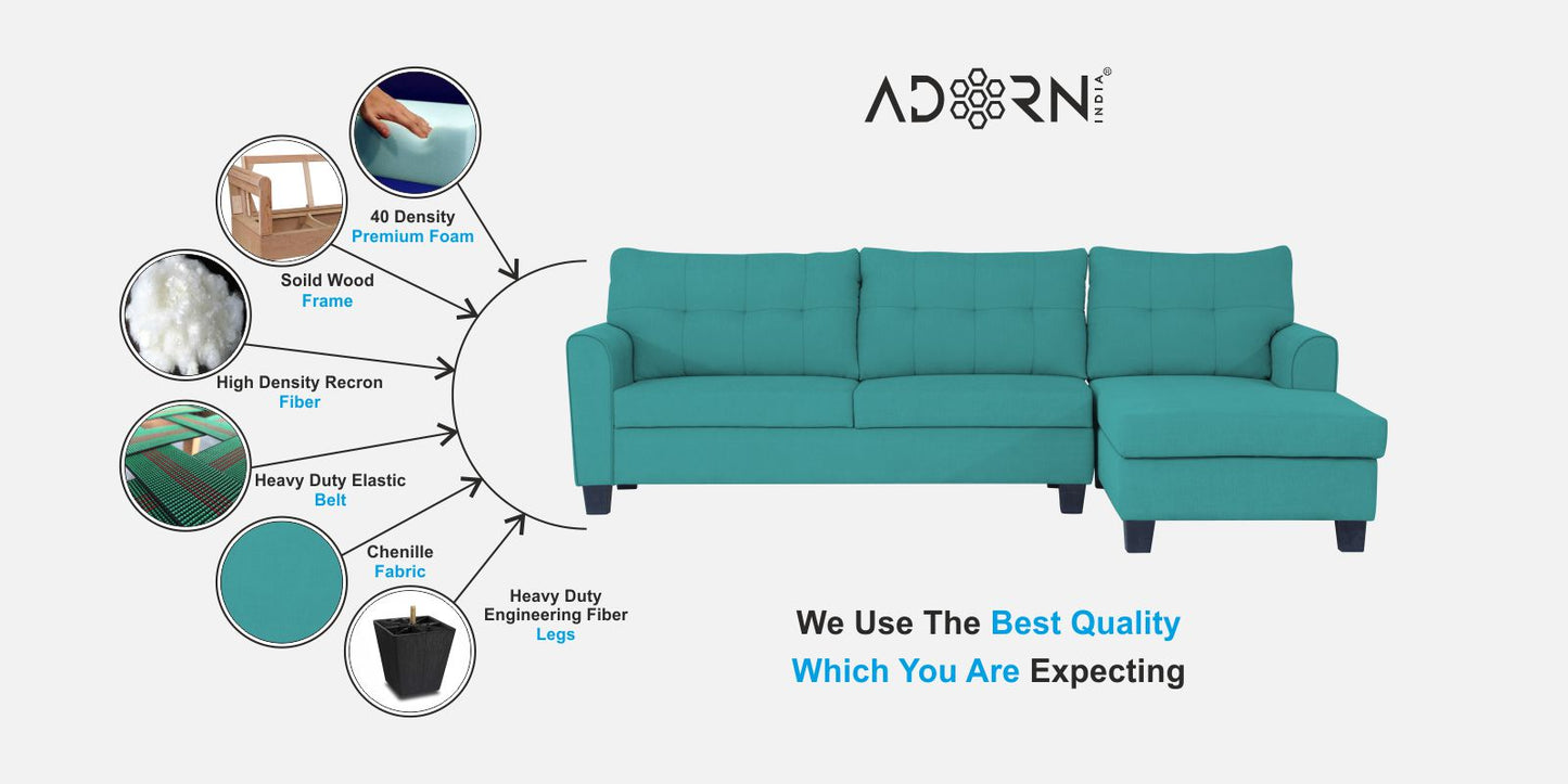 Adorn India Moris L Shape 6 Seater Sofa Set RHS (Aqua Blue) (3 Year Warranty)
