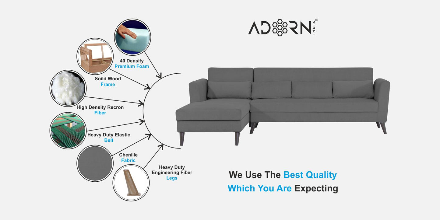 Adorn India Daniel L Shape 6 Seater Sofa Set LHS (Grey) (3 Year Warranty)