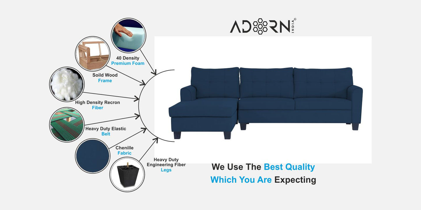 Adorn India Moris L Shape 6 Seater Sofa Set LHS (Blue) (3 Year Warranty)