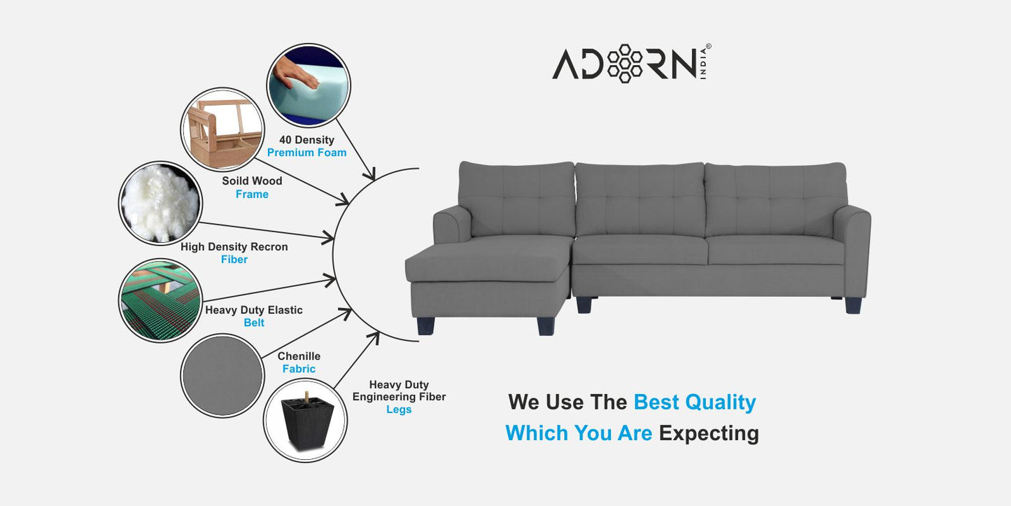Adorn India Moris L Shape 6 Seater Sofa Set LHS (Grey) (3 Year Warranty)