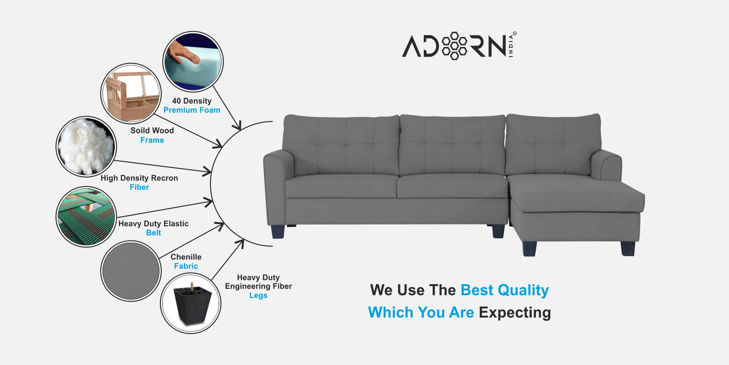 Adorn India Moris L Shape 6 Seater Sofa Set RHS (Grey) (3 Year Warranty)