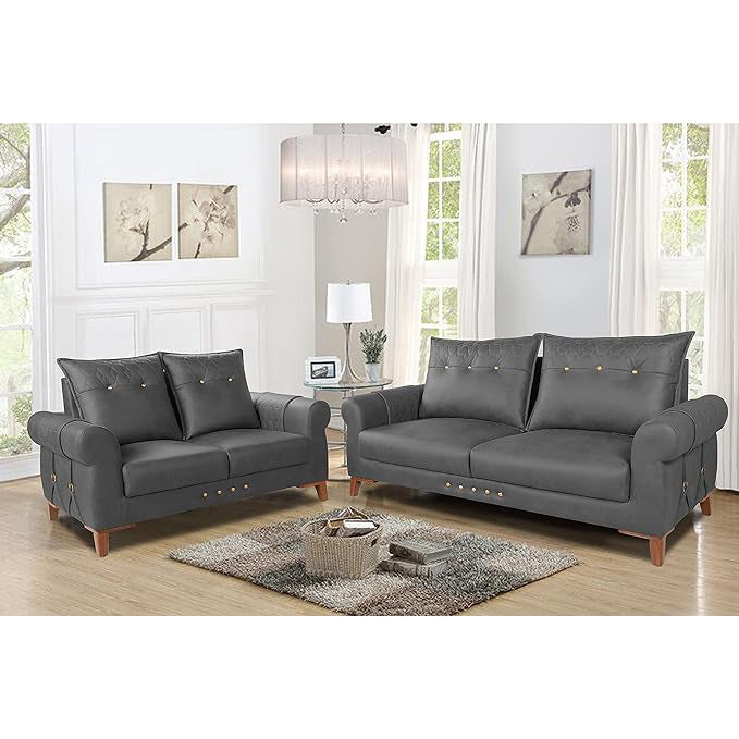Adorn India Premium Jarvis 3+2 Five Seater Sofa Set (Leatherette Suede Fabric Colour Grey)