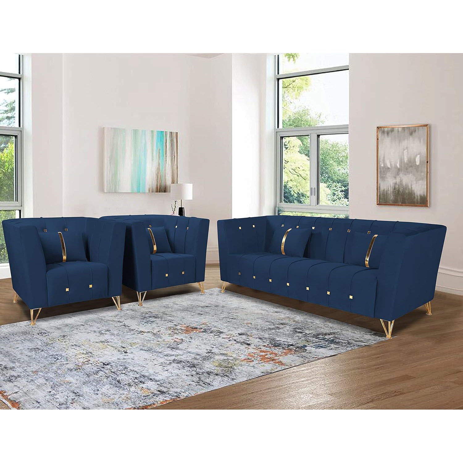 Adorn India Premium Lotus 3-1-1 Seater Sofa Set (Velvet Suede Fabric Colour Blue)