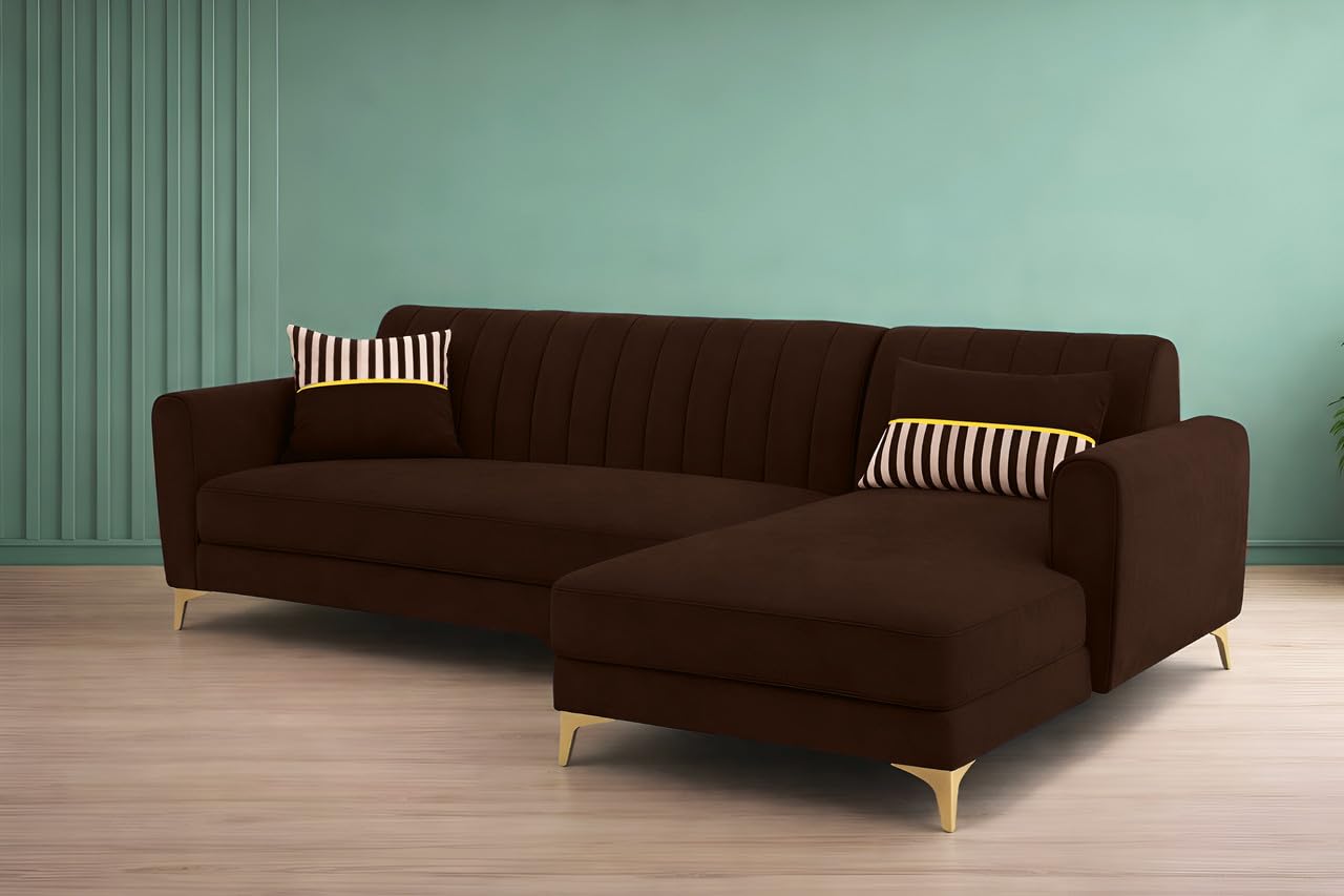 Adorn India Premium Luster 6 Seater L Shape Sofa Set | Velvet Suede Fabric | 3-Year Warranty | RHS |Color Brown with Golden Legs & Striped Pattern Cushion