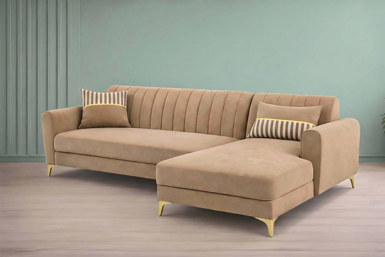 Adorn India Premium Luster 6 Seater L Shape Sofa Set | Velvet Suede Fabric | 3-Year Warranty | RHS |Color Camel with Golden Legs & Striped Pattern Cushion