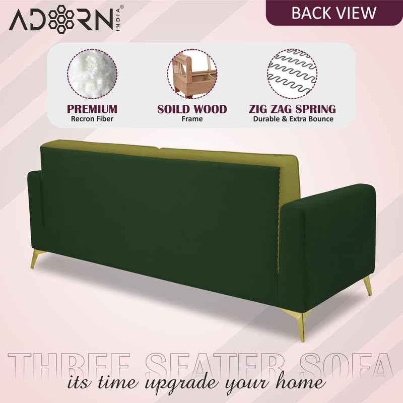 Adorn India Premium Harlem 3 Seater Sofa | Velvet Suede Upholstery | 3-Year Warranty | Dark Green & Light Green with Gold Legs & Cushion
