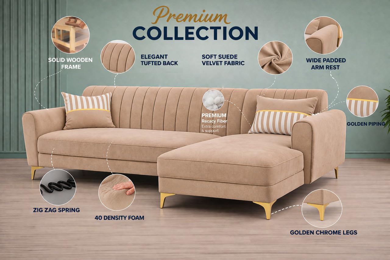 Adorn India Premium Luster 8 Seater L Shape Sofa Set with 2 Puffy & 1 Center Table | Velvet Suede Fabric | 3-Year Warranty | RHS | Beige with Golden Legs & Striped Pattern Cushion