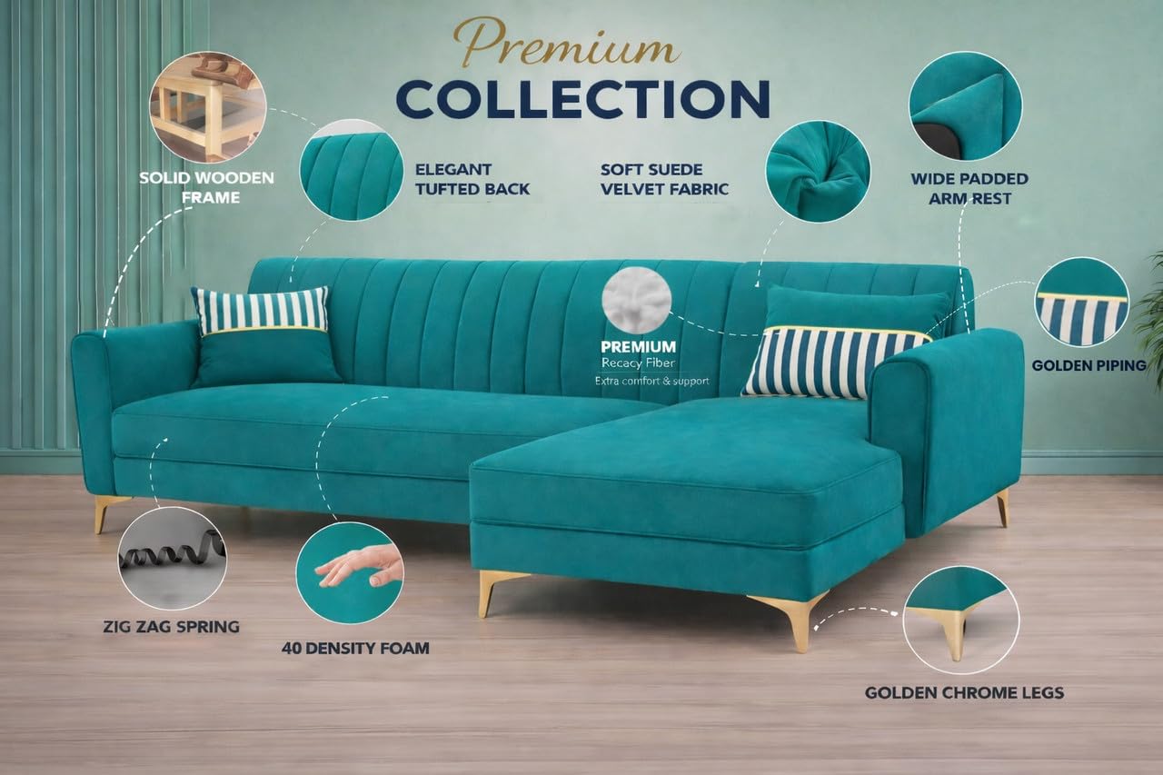Adorn India Premium Luster 8 Seater L Shape Sofa Set with 2 Puffy & 1 Center Table | Velvet Suede Fabric | 3-Year Warranty | RHS | Aqua Blue with Golden Legs & Striped Pattern Cushion