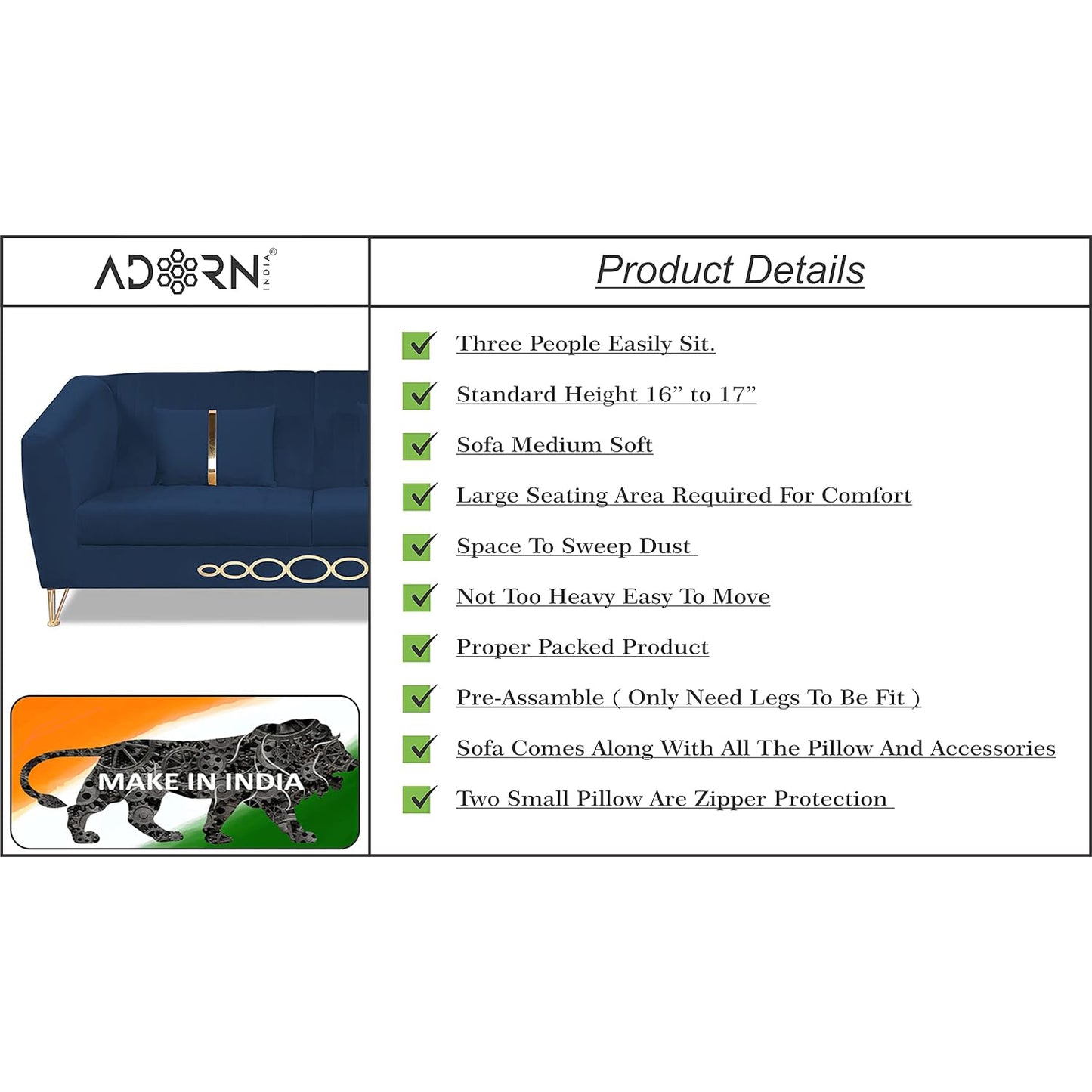 Adorn India Premium Camilla 3 Seater Sofa (Velvet Fabric Colour Blue)