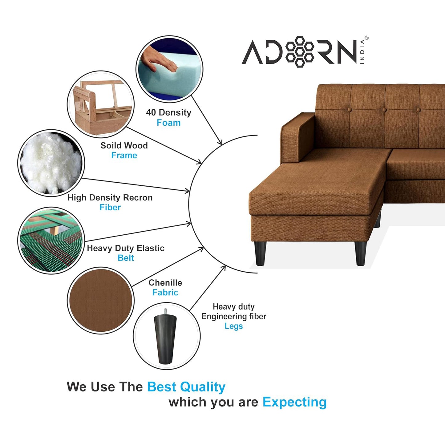 Adorn India Rio Elegant L Shape 5 Seater Sofa Set (LHS) (Brown) (3 Year Warranty)