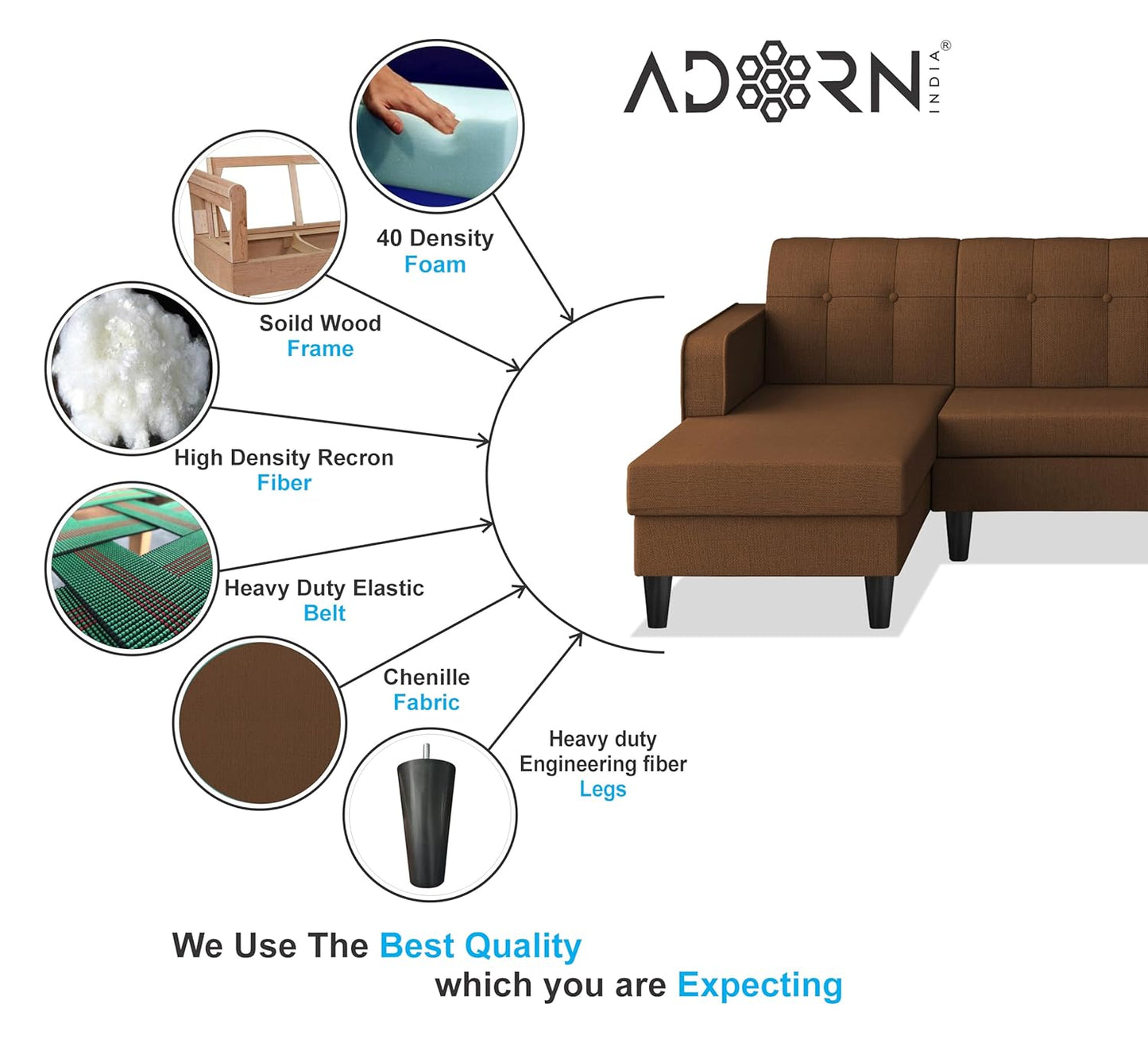 Adorn India Rio Elegant L Shape 8 Seater Sofa Set with Center Table and 2 Ottoman Puffy (LHS) (Brown) (3 Year Warranty)
