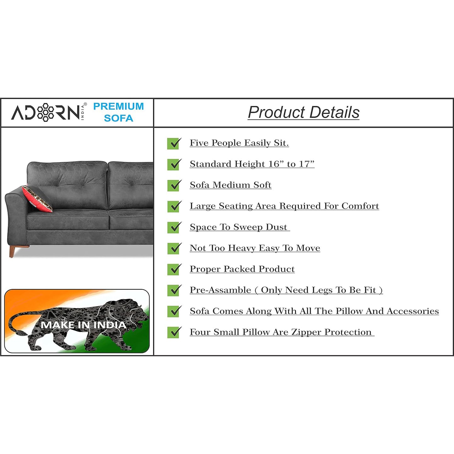 Adorn India Premium Aslaug 3-1-1 Sofa Set (Leatherette Suede Fabric Colour Grey)