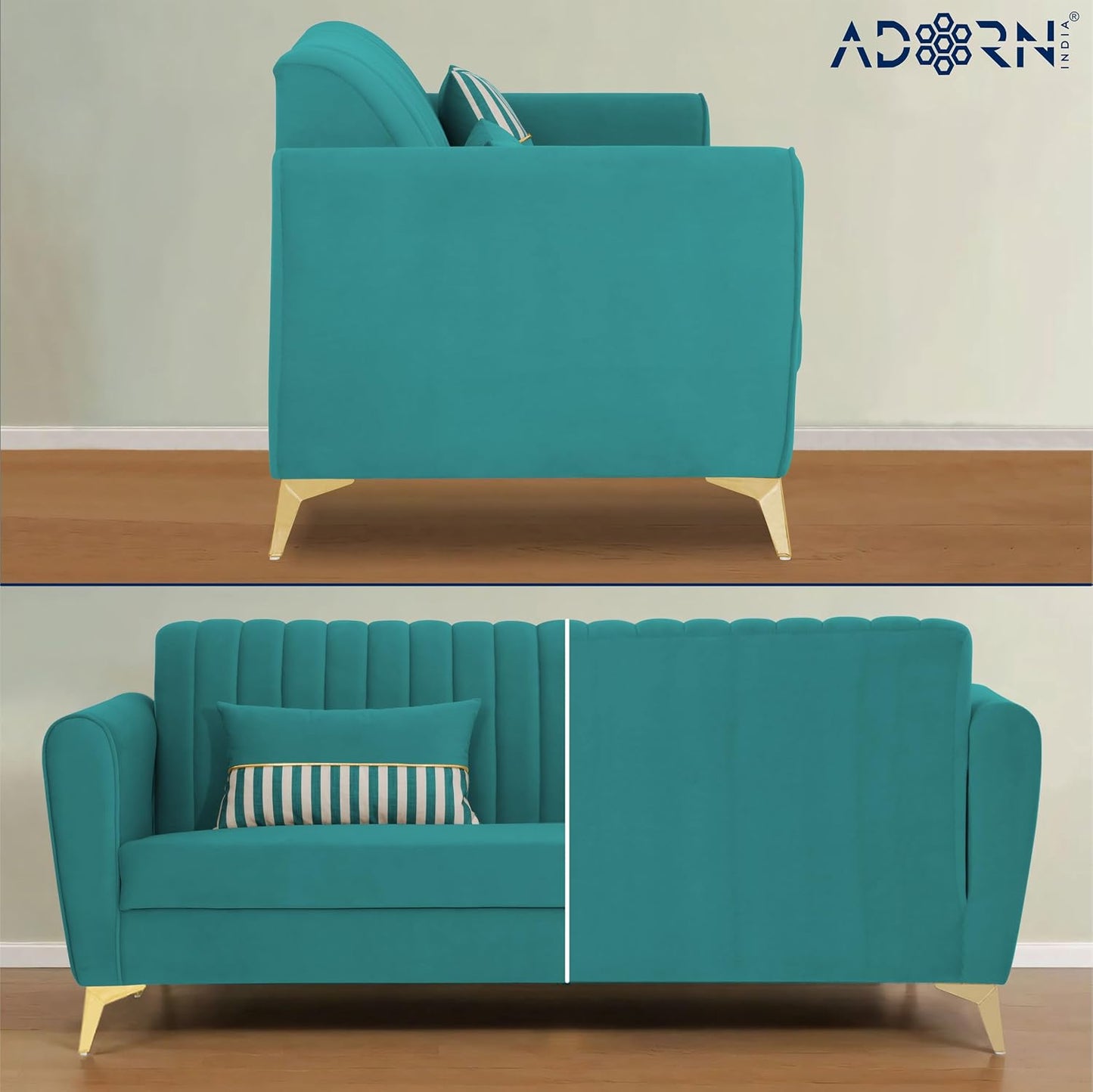 Adorn India Premium Luster 3-2 Sofa Set | Velvet Suede Fabric | 3-Year Warranty | Color Aqua Blue with Golden Legs & Striped Pattern Cushion (Copy)