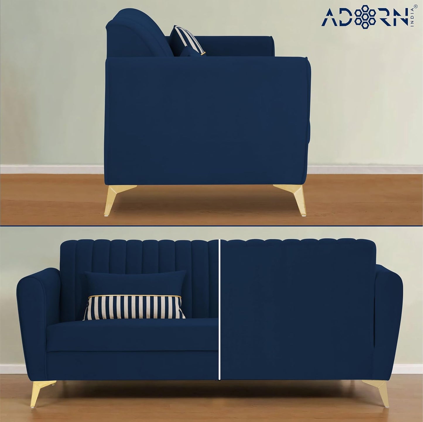 Adorn India Premium Luster 3-1-1 Sofa Set | Velvet Suede Fabric | 3-Year Warranty | Color Blue with Golden Legs & Striped Pattern Cushion