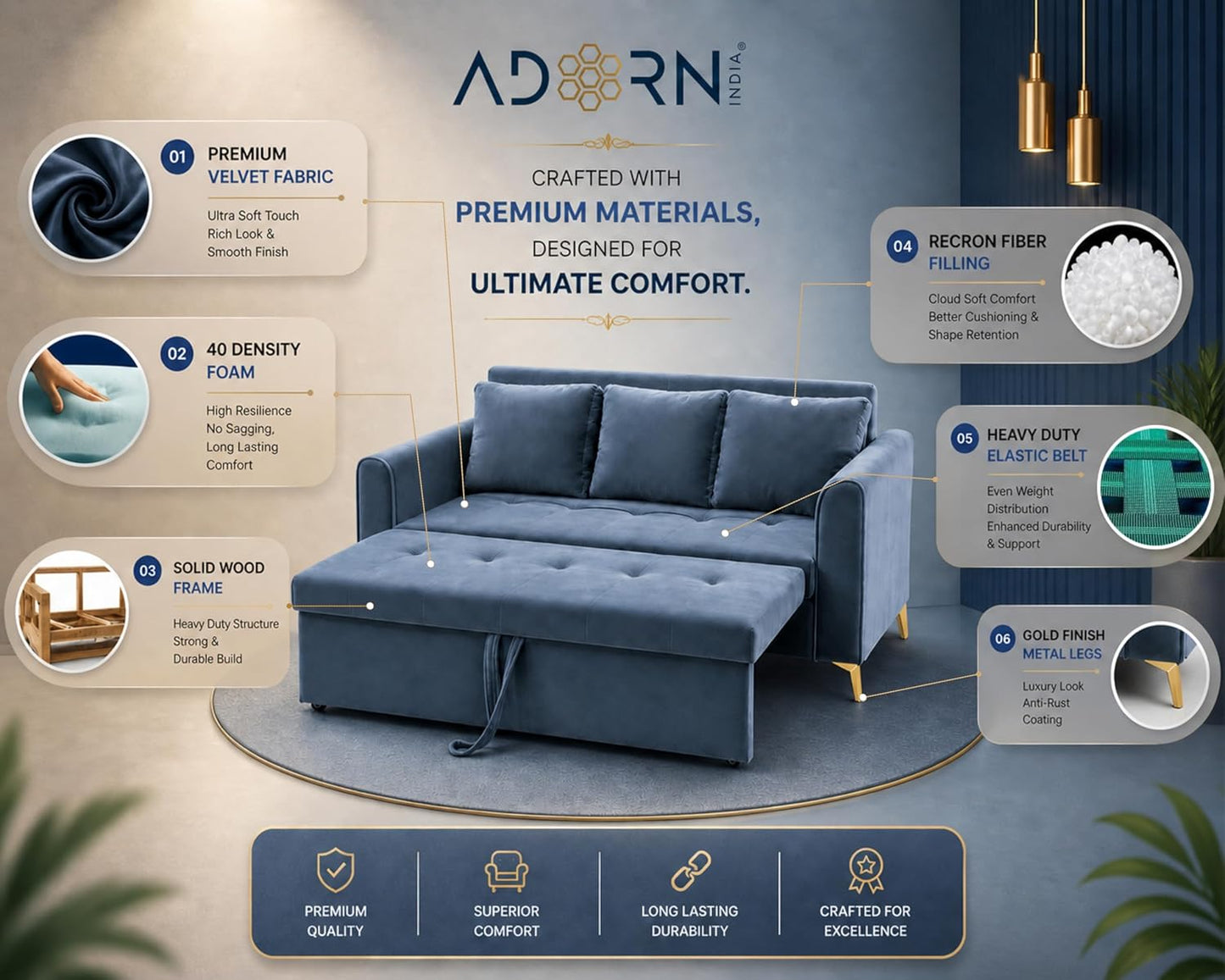 Adorn India Premium Mystic - 3 Years Warranty - 3 Seater Sofa Cum Bed Velvet Suede Fabric - Grey