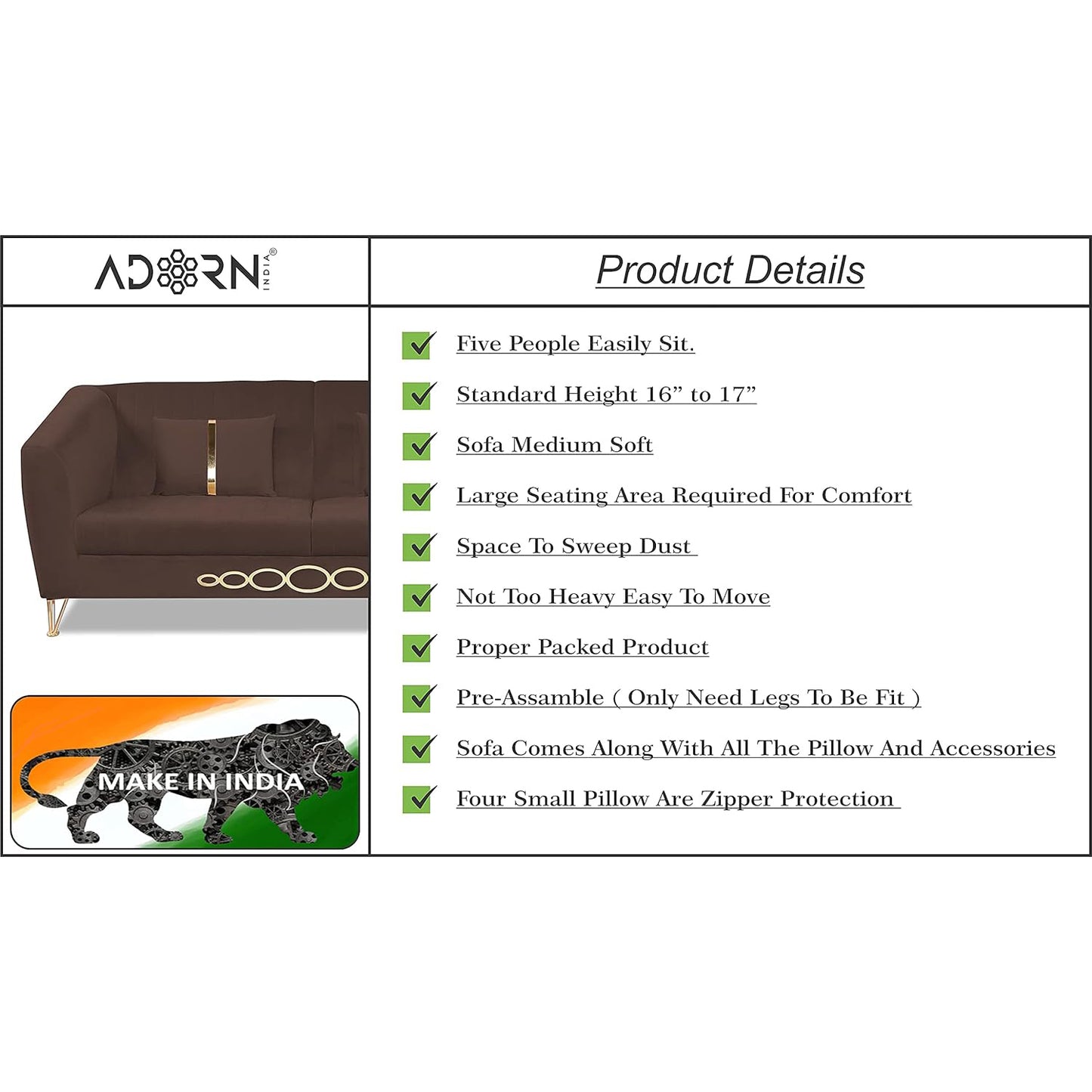 Adorn India Premium Camilla 3-1-1 5 Seater Sofa Set (Velvet Fabric Colour Brown)