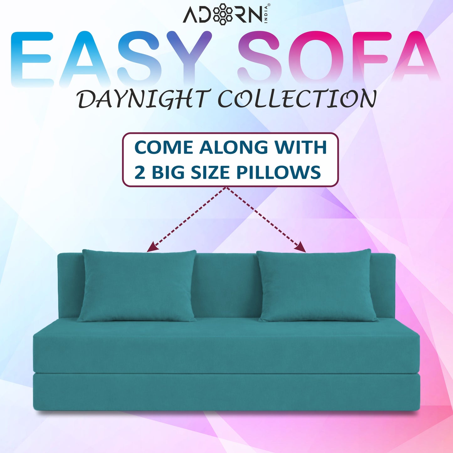 Adorn India Easy 3 Seater Sofa Cum Bed | Velvet Fabric | Aqua Blue | Plain Design | 6x5 Ft | Comfortable Seating | Washable Cover | Perfect for Home & Office