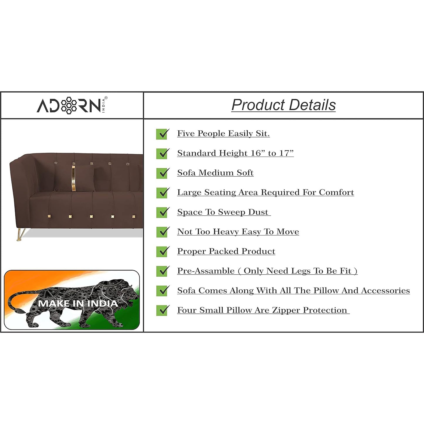 Adorn India Premium Lotus 3-1-1 5 Seater Sofa Set (Velvet Fabric Colour Brown)