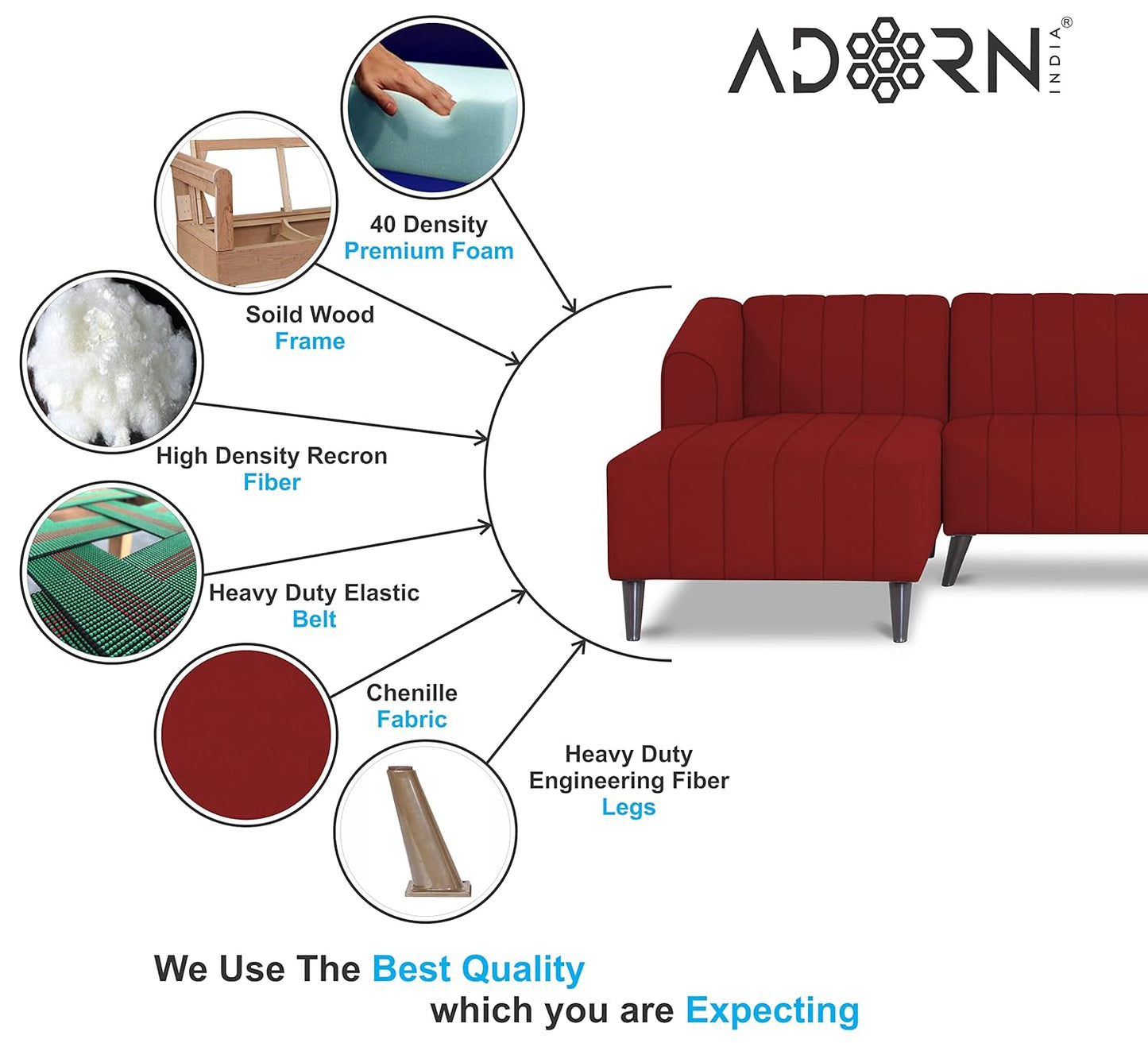 Adorn India Premium Laurel L Shape 6 Seater Sofa Set (LHS) (Red) (3 Year Warranty)