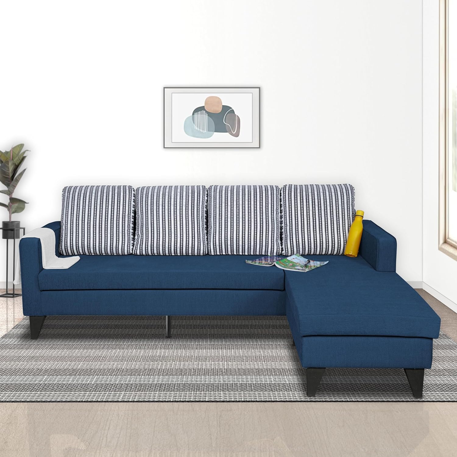 Adorn India Chandler L Shape Seater Sofa Set Stripes (Right Hand Side) (& Fabric, Blue)