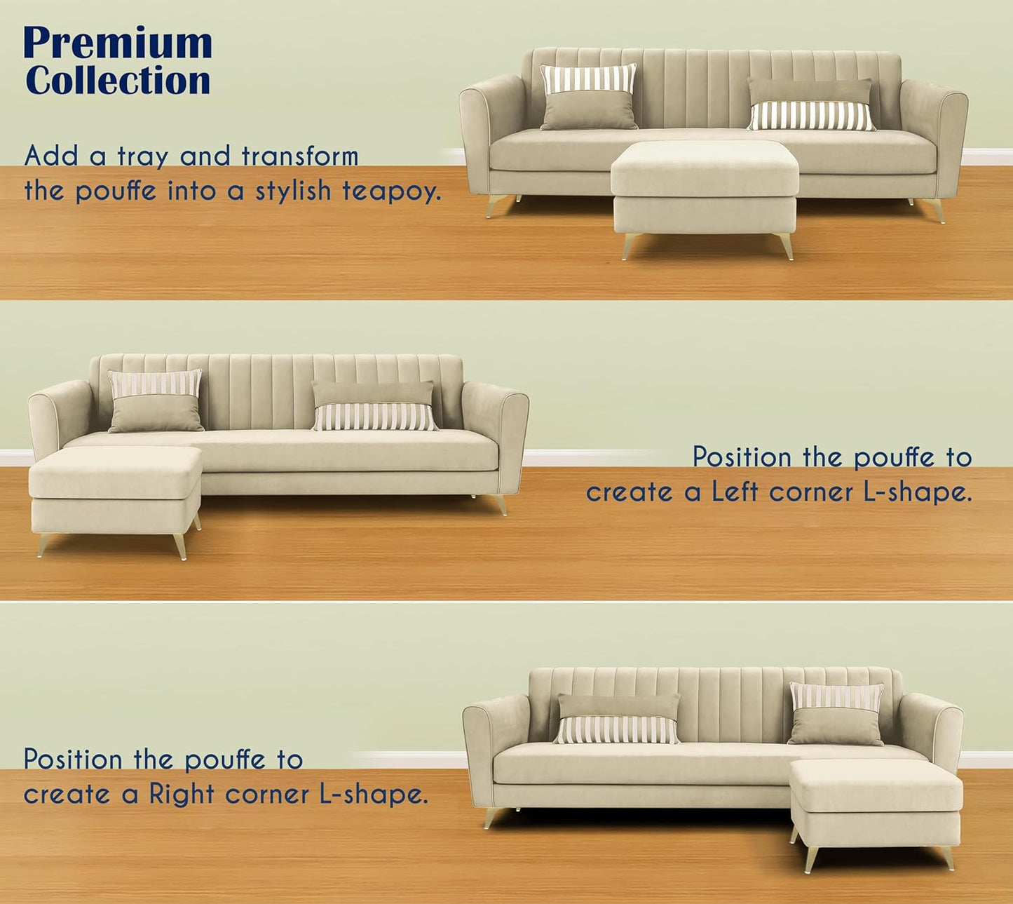 Adorn India Premium Luster 4 Seater L Shape Sofa Set | Velvet Suede Fabric | 3-Year Warranty | Color Beige with Golden Legs & Striped Pattern Cushion